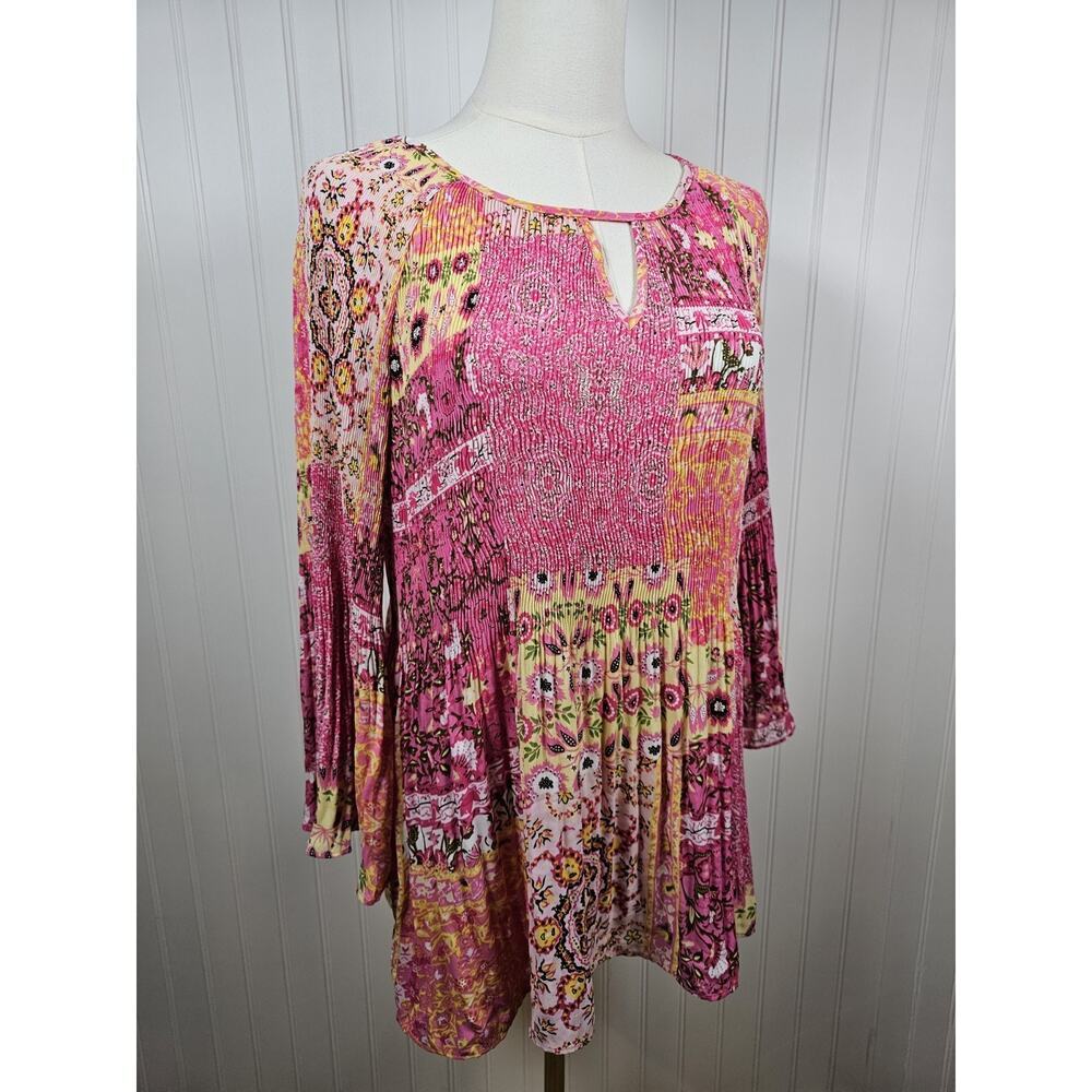 Sunny Leigh‎ Bohemian Patchwork Tunic Blouse Women's L Cottage Festival Peasant